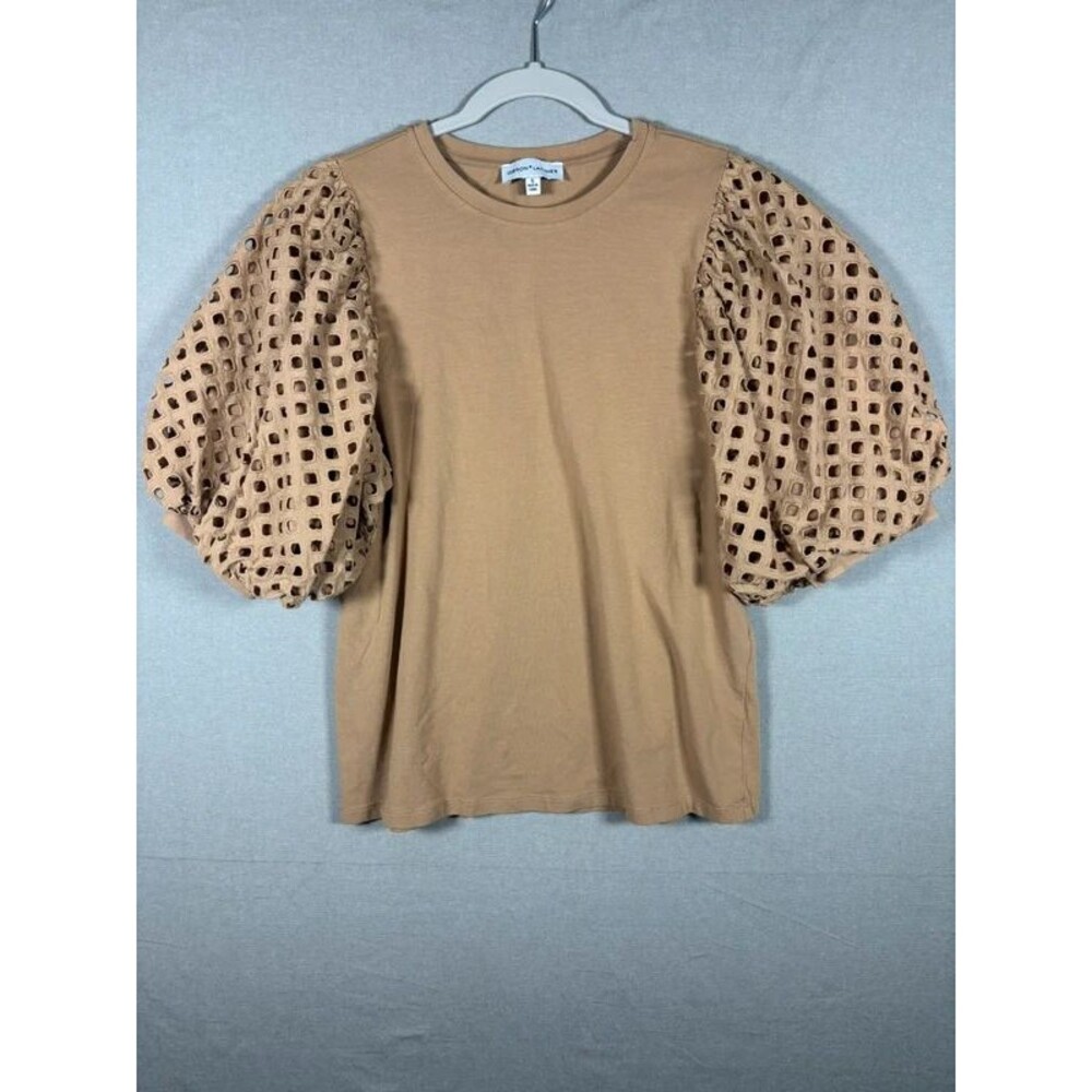 Gibson & Latimer Women’s Small Tan Eyelet Crochet Puff Sleeve Top Blouse